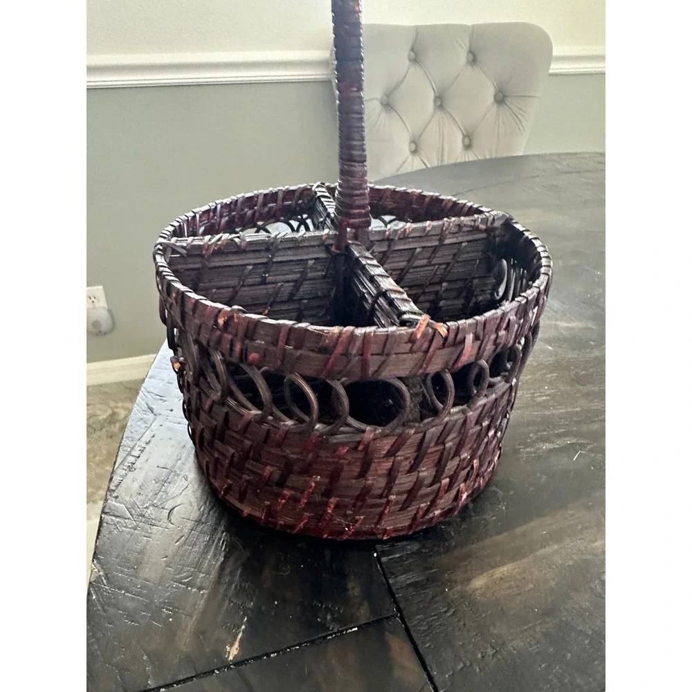 Woven Wicker Utensil Caddy Dark Brown Round 4 Compartment Silverware Holder 7in